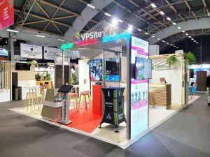 Cette photo montre un stand sur mesure réalisé par Media Product pour la société VP Sitex sur le salon H Expo