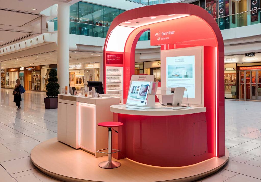 Stand éphémère installé dans la galerie d'un centre commercial.